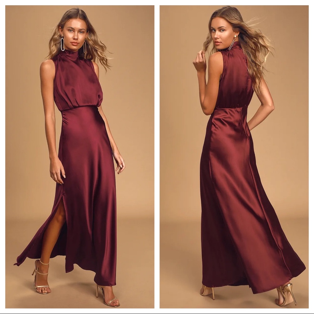 Lulus Classic Elegance Wine Satin Maxi Dress
